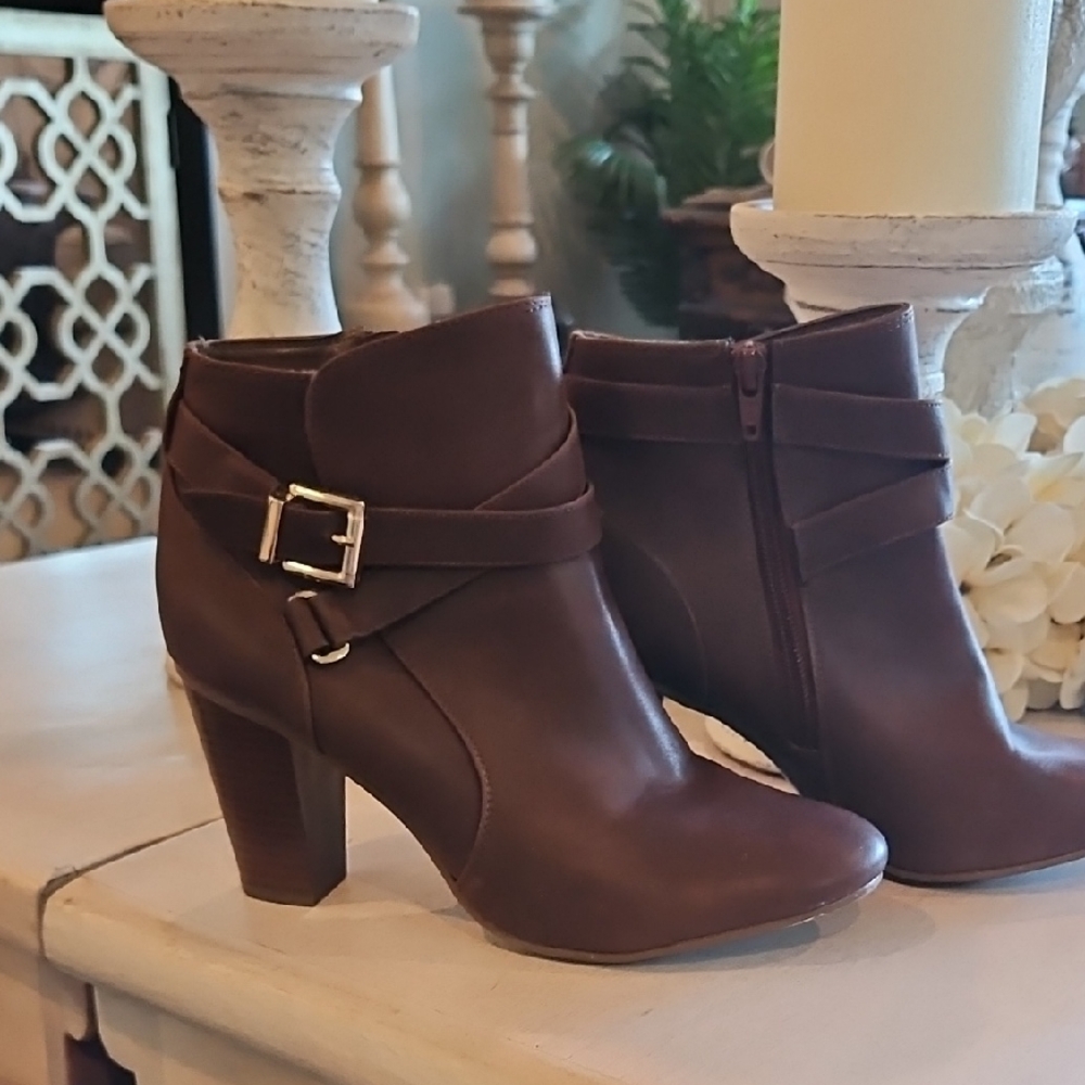 Merona Brown Faux-Leather Ankle Booties with Buckle